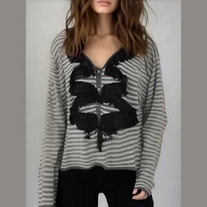 Doncaster Gray White Stripe Zig Zag Silk Trim Button Down Silk Cardigan Plus 3W